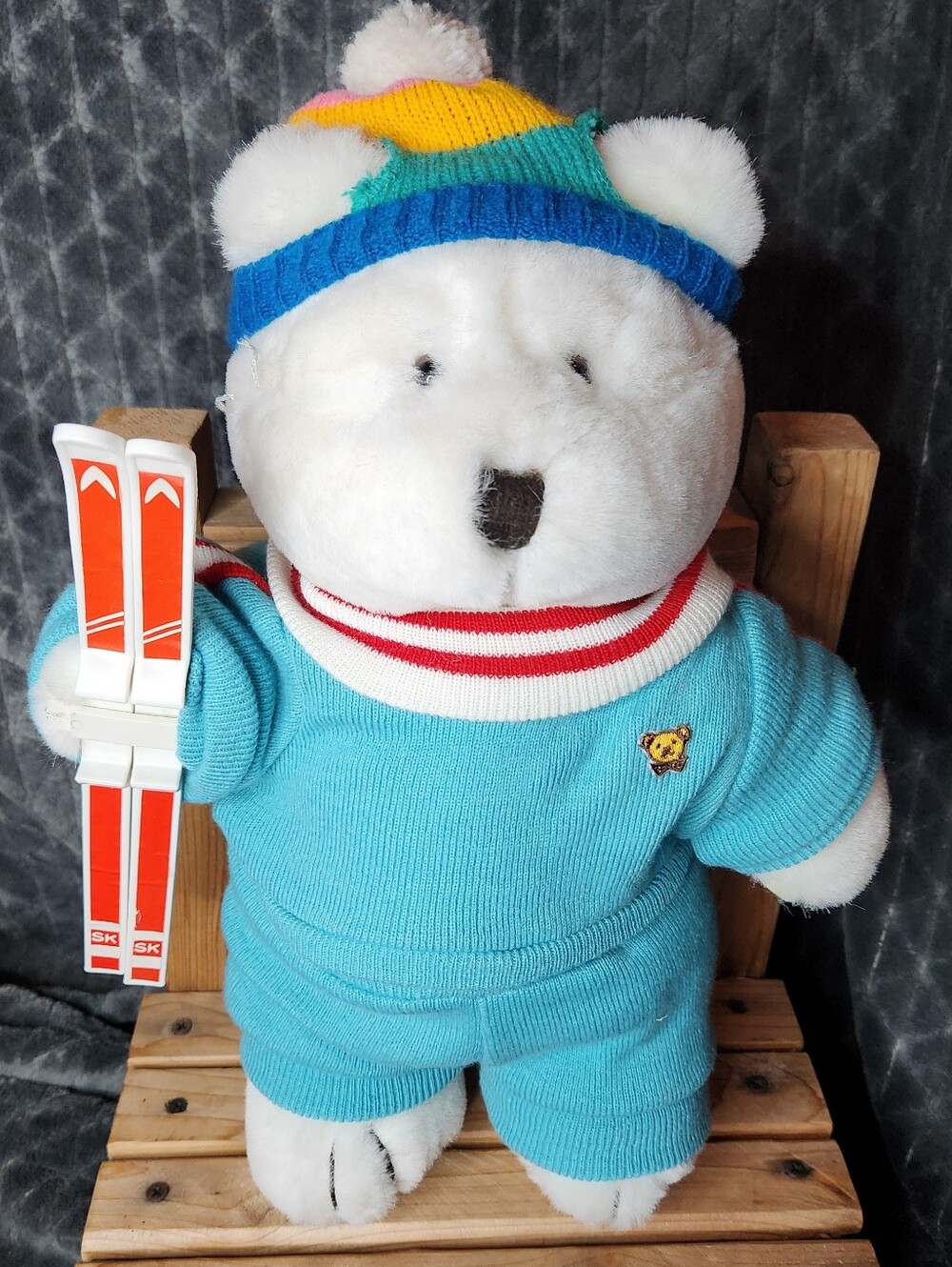 Vintage 1985 Bearland Teddy Bear Skier 15" Plush Korea Ski Outfit Hat Skis